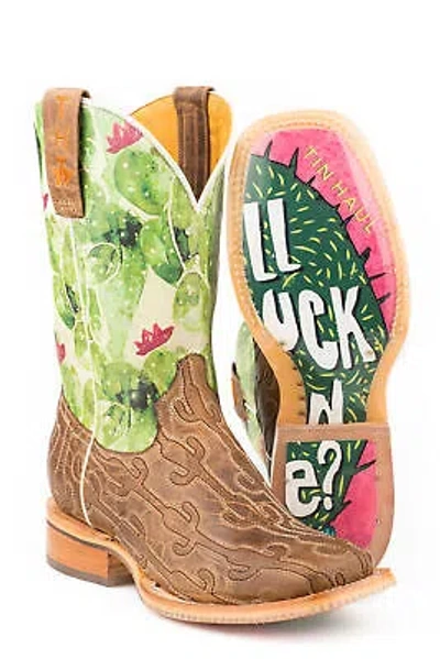 Pre-owned Tin Haul Womens Tan/green Leather Cacstitch Cowboy Boots