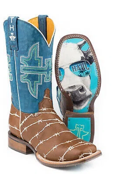 Pre-owned Tin Haul Womens Tan/royal Blue Leather Hands Off Cowboy Boots