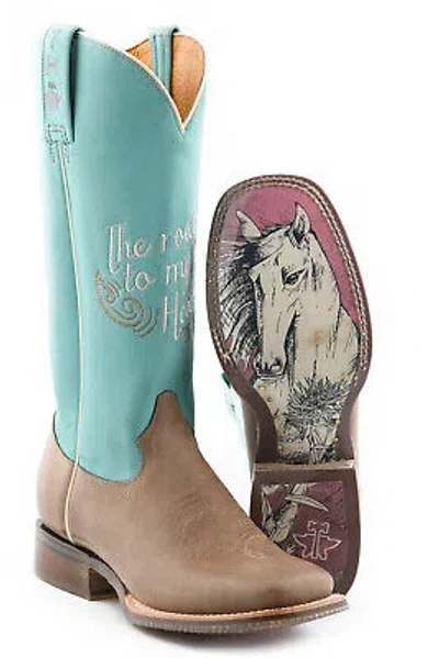 Pre-owned Tin Haul Womens Tan/turquoise Leather A Cowgirls Motto Cowboy Boots