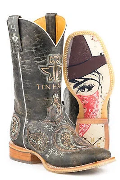 Pre-owned Tin Haul Womens Waxy Black Leather Bandana Bandit Cowboy Boots