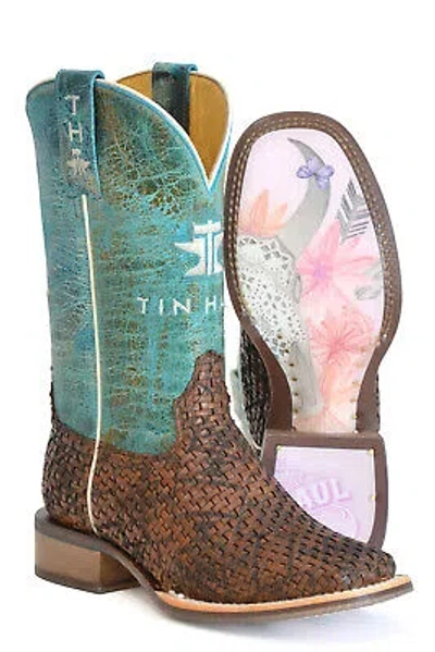 Pre-owned Tin Haul Womens Weavealicious Brown Leather Cowboy Boots