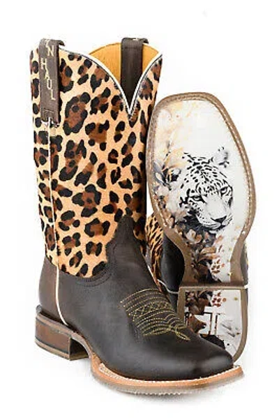 Pre-owned Tin Haul Womens Wild Cat Dark Brown/jaguar Leather Cowboy Boots