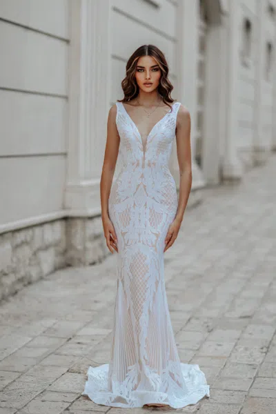 Tina Holly Bb052 Fitted Long Sequin Mermaid Boho Wedding Dress In White