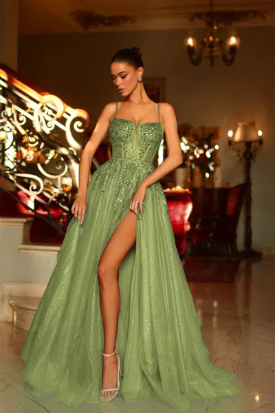 Tina Holly Te216 Ball Gown Long Formal Slit Prom Dress In Green