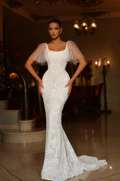 Tina Holly Tw111 Long Mermaid Sequin Detachable Sleeve Wedding Dress In White