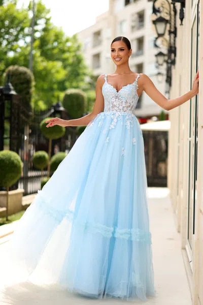 Tina Holly Ty405 Long Ball Gown A Line Lace Applique Prom Dress In Blue