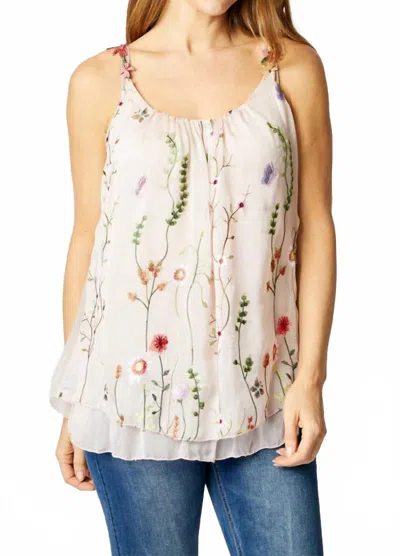 Tina Stephens Italy Maria Silk Embroidered Garden Cami Top In Blush In White