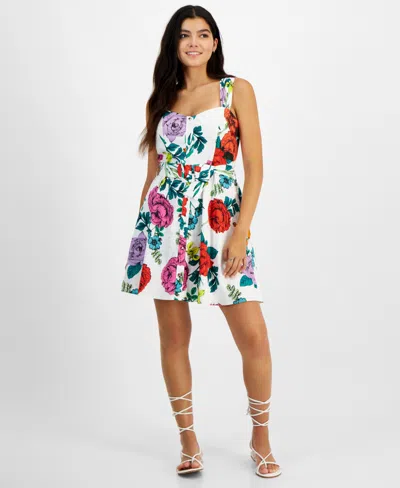 Tinsel Juniors' Floral Belted Fit & Flare Dress In Blanc Rio
