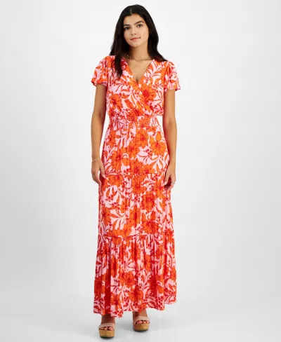 Tinsel Juniors' Floral-print Tiered Maxi Dress In Pink Orange Multi