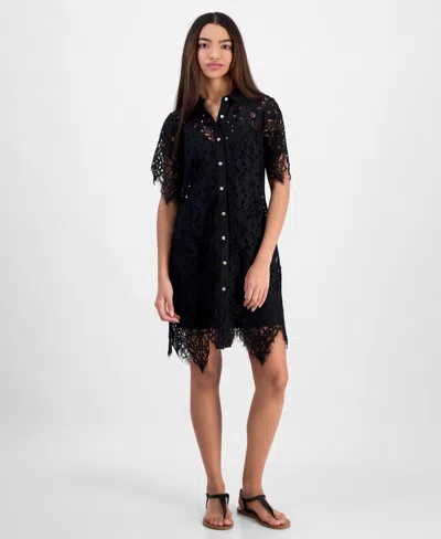 Tinsel Juniors' Lace Button-front Short-sleeve Shirtdress In Black