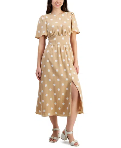 Tinsel Juniors' Polka-dot Cutout-back Smocked-waist Dress In Beige