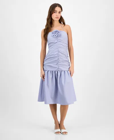 Tinsel Juniors' Striped Rosette-trim Dropped-waist Midi Dress In Med Blue
