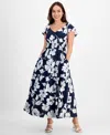 Tinsel Petite Floral-print Flutter-sleeve Tiered Maxi Dress In Open White