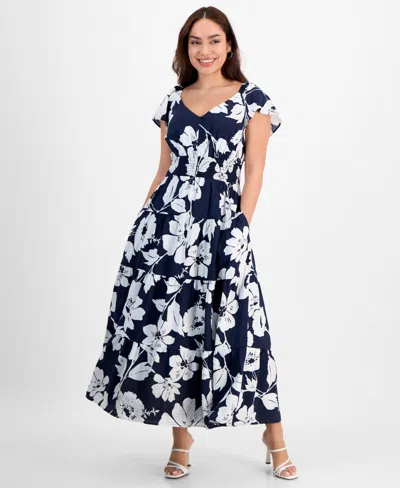 Tinsel Petite Floral-print Flutter-sleeve Tiered Maxi Dress In Open White