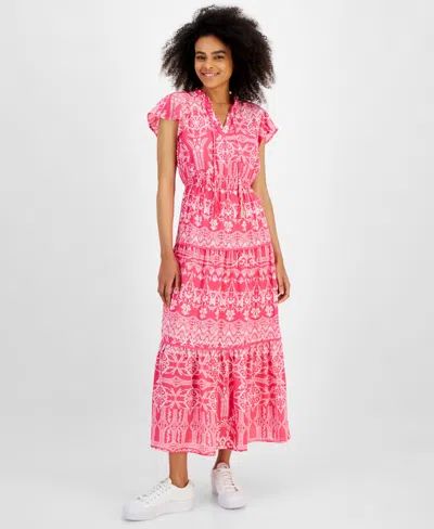 Tinsel Petite Mixed-print Flutter-sleeve Tiered Maxi Dress In Fuchsia Borders