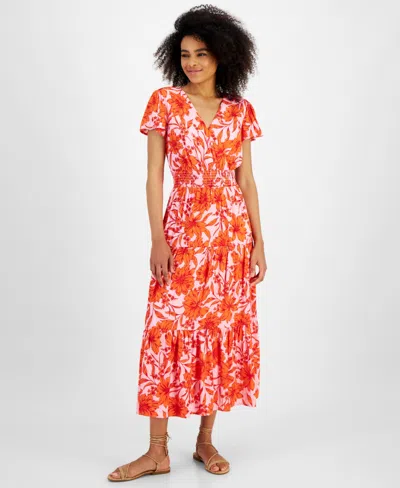 Tinsel Petite Print Short-sleeve Maxi Dress In Orange Floral Pink