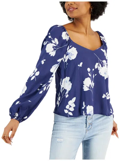 Tinsel Petites Womens Floral Print Casual Blouse In Blue