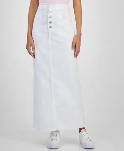 Tinseltown Juniors' Button-fly Seam-yoke Maxi Skirt In White