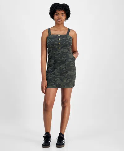 Tinseltown Juniors' Denim Button-front Utility-pocket Dress In Olive Camo