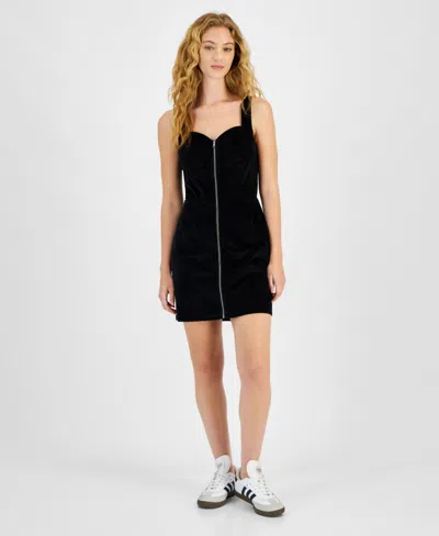 Tinseltown Juniors' Faux-velvet Zip-front Mini Dress In Black