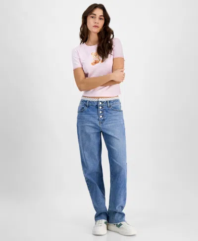 Tinseltown Juniors' High-rise Lace-trim Boyfriend Jeans In Wasabi Wash