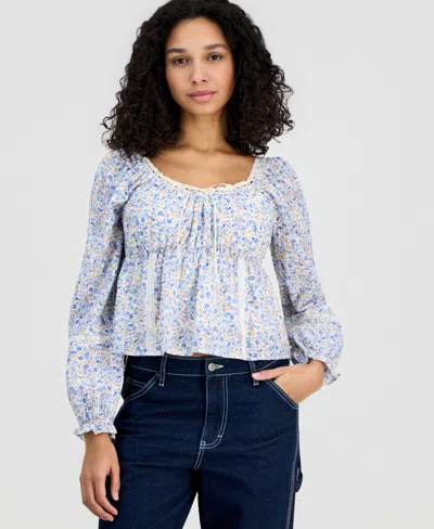 Tinseltown Juniors' Long-sleeve Woven Peasant Top In Blue