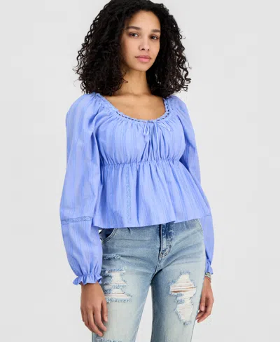 Tinseltown Juniors' Long-sleeve Woven Peasant Top In Blue