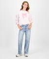 Tinseltown Juniors' Mid-rise Bow-print Baggy Jeans In Blue