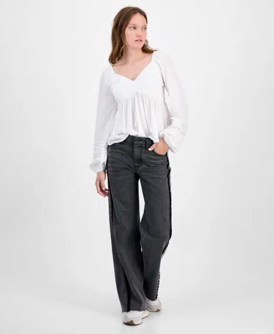 Tinseltown Juniors' Mid-rise Lace-seamed Baggy Jeans In Black