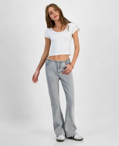 Tinseltown Juniors' Mid-rise Raw-waistband Flare-leg Jeans In Light Grey Wash