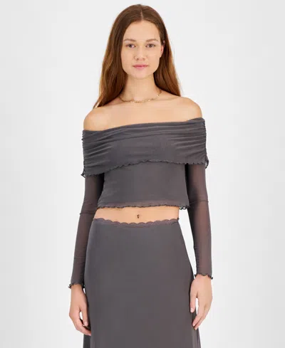 Tinseltown Juniors' Off-the-shoulder Cropped Mesh Long Sleeve In Granite