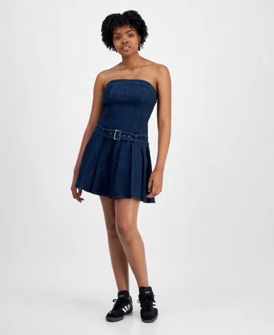 Tinseltown Juniors' Pleated Strapless Denim Dress In Dark Rinse