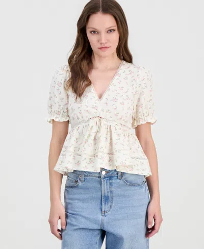 Tinseltown Juniors' Printed Puff-sleeve Babydoll Top In Multi