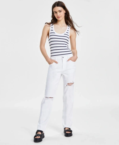 Tinseltown Juniors' Relaxed Ripped Straight-leg Jeans In White Deco