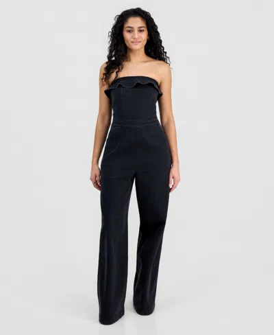 Tinseltown Juniors' Ruffled Strapless Wide-leg Jumpsuit In Black