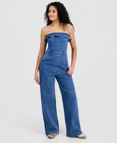 Tinseltown Juniors' Ruffled Strapless Wide-leg Jumpsuit In Blue