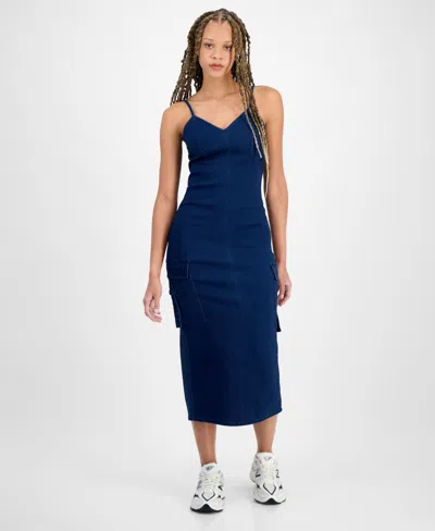 Tinseltown Juniors' Sleeveless Cargo Bodycon Dress In Dark Wash