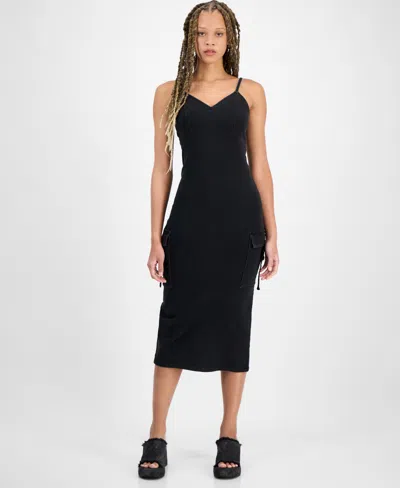 Tinseltown Juniors' Sleeveless Cargo Bodycon Dress In Washed Black