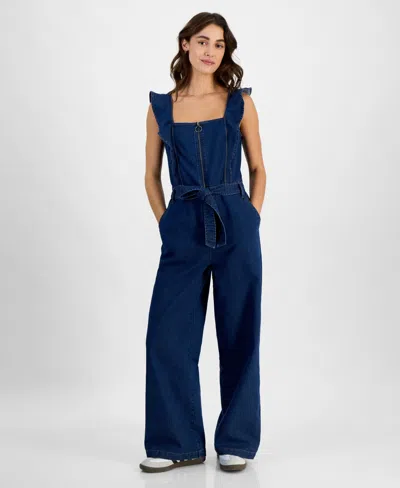 Tinseltown Juniors' Square-neck Ruffle-strap Wide-leg Jumpsuit In Dark Wash