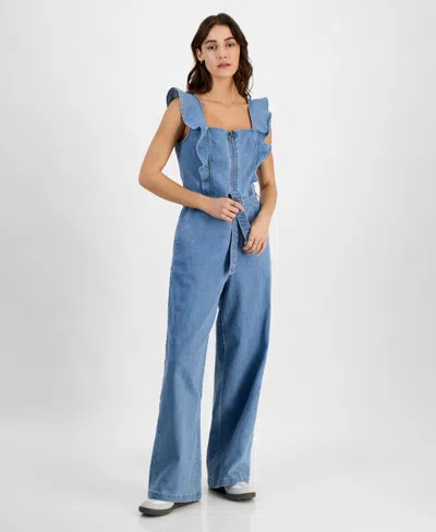 Tinseltown Juniors' Square-neck Ruffle-strap Wide-leg Jumpsuit In Vintage Wash