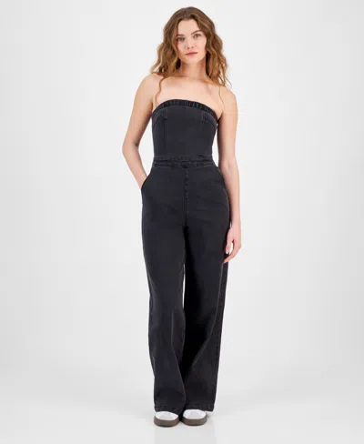 Tinseltown Juniors' Strapless Denim Jumpsuit In Black