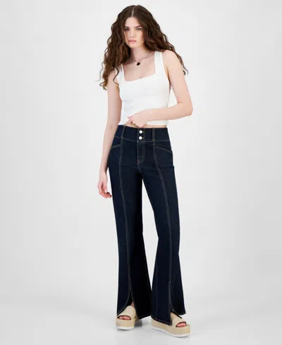 Tinseltown Juniors' Super-high-rise Split-seam Flare-leg Jeans, Created For Macy's In Dark Wash