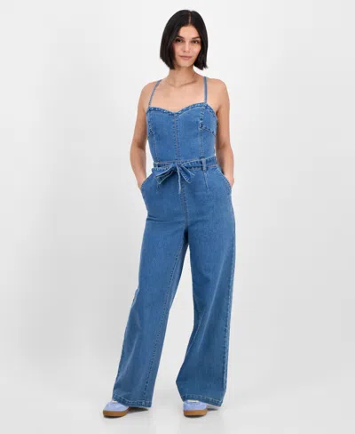 Tinseltown Juniors' Sweetheart-neck Sleeveless Denim Jumpsuit In Blue