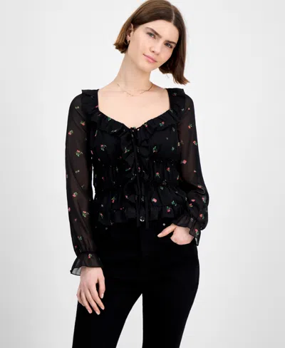Tinseltown Juniors' Tie-back Ruffle Blouse In Black