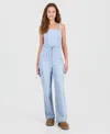 Tinseltown Juniors' Tie-waist Denim Wide-leg Jumpsuit In Blue