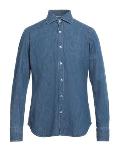 Tintoria Mattei 954 Man Denim Shirt Blue Size 17 Cotton In Metallic