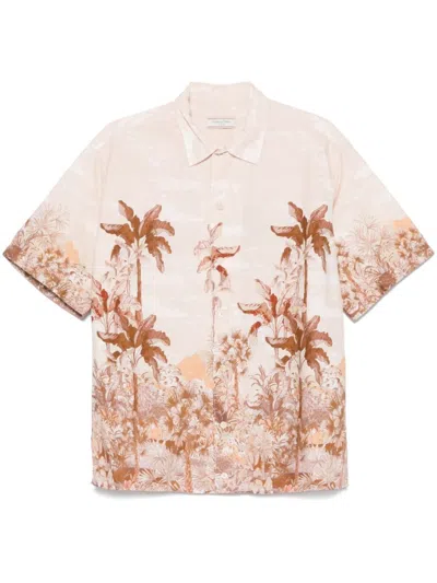 Tintoria Mattei 954 Short-sleeved Tropical Print Shirt With Classic Collar In Brown