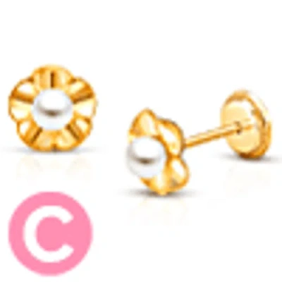 Tiny Blessings Babies'  14k Gold Ruffled Petals With Pearl Studs Screw Back Earrings