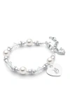 Tiny Blessings Babies'  Sterling Silver Crystals & Pearls & Engraved Initial 5.25" Bracelet In Metallic
