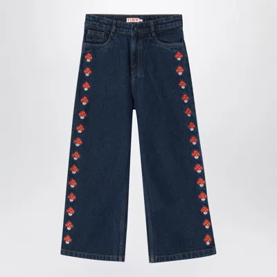 Tiny Cottons Dark Wash Denim Jeans With Embroidered Mushrooms In Blue